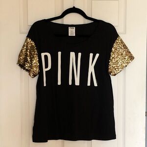 PINK Victoria’s Secret Black Tee with Gold Sequin Sleeves